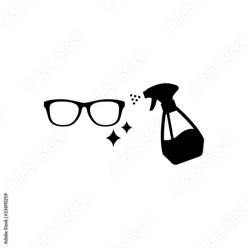 Glasses cleaning black isolated vector icon. Eyeglasses with cleaner disinfectant symbol.