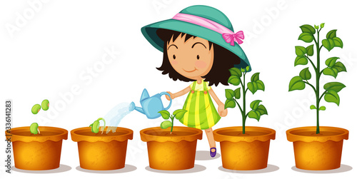 Happy girl watering plants on white background