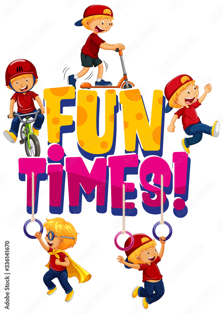 Font design for word fun times with boy playing on white background Font design for word fun times with boy playing on white background