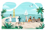 Art class at seaside promenade summer rest and vacation, artists people with easel draw yacht in sea, tropical resort and palm trees cartoon vector illustration. Seafront art lessons of drawing.