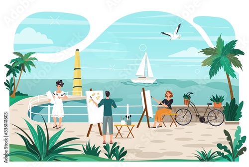 Art class at seaside promenade summer rest and vacation, artists people with easel draw yacht in sea, tropical resort and palm trees cartoon vector illustration. Seafront art lessons of drawing.