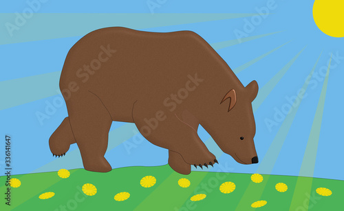 Brown Bear walking on a Flower Meadow under a Blue Sunny Sky - Cartoon Illustration