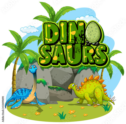 Font design for word dinosaurs with two dinosaurs in the park