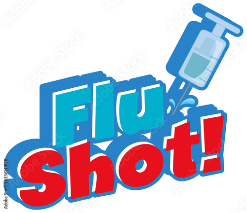 Font design for word flu shot with needle on white background