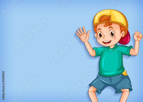 Background template design with happy boy waving hand