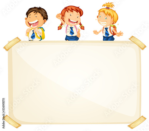 Frame template design with three happy students