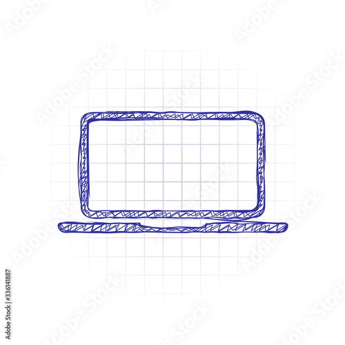 Laptop or notebook computer icon. Hand drawn sketched picture with scribble fill. Blue ink. Doodle on white background