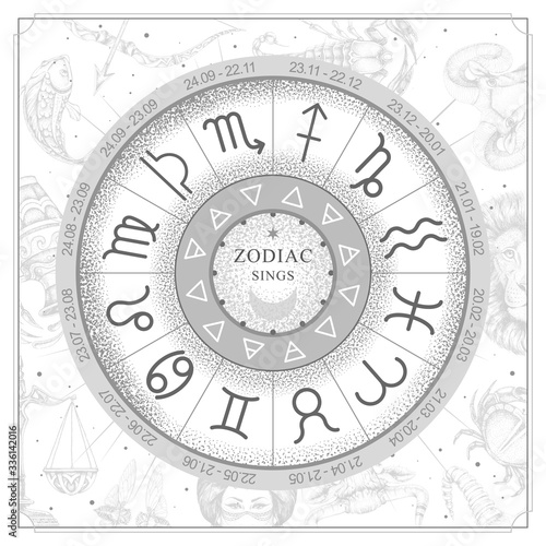 Astrology wheel with zodiac signs on constellation map background. Realistic illustration of zodiac signs. Horoscope vector illustration