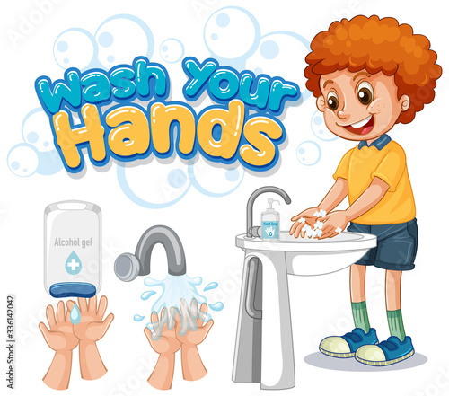 Wash your hands poster design with boy washing hands