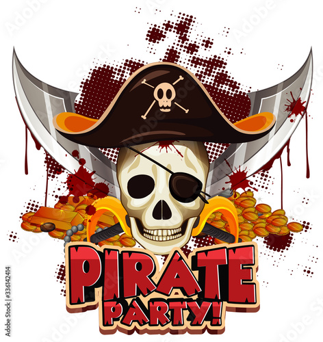 Font design for word pirate party with pirate and skull