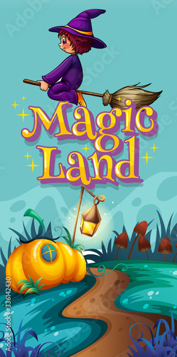 Poster design with word magic land and witch flying in the sky