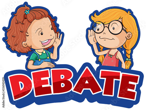 Font design for word debate with two happy girls in background
