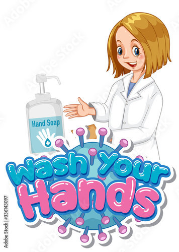 Wash your hands poster design with happy doctor