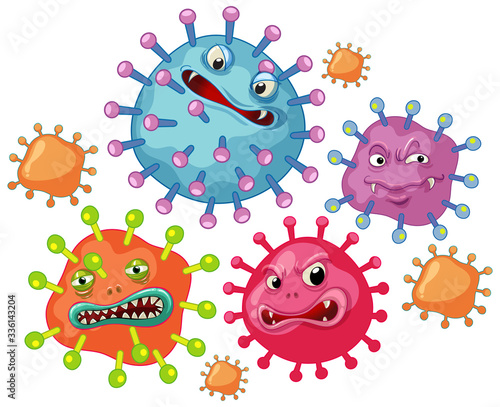 Many virus cells with scary face on white background