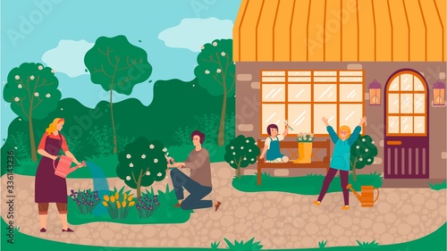 Happy family in garden watering flowers and pruning trees cartoon vector illustration of mother, father and daughter near cottage gaderning on nature. Summer family gardeners planting greenery.