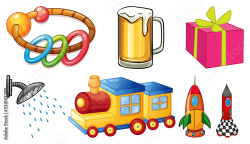 Large set of many toys on white background