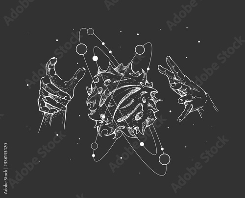 Witchcraft magic card with astrology solar system and human hands that control the universe