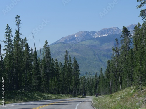 Winding road bordered by pine trees and the Grand Teton National Park ranges, Wyoming.