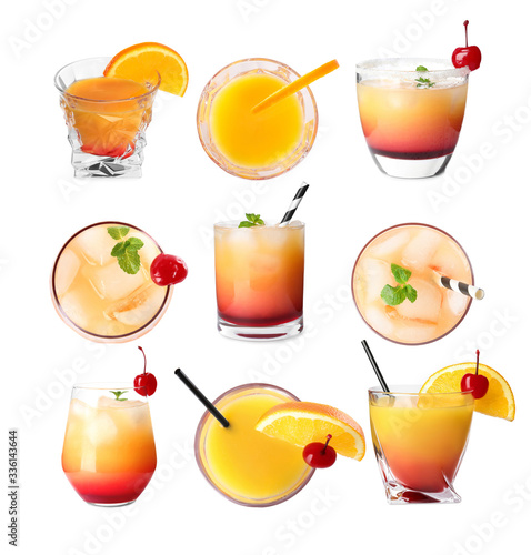 Set of Tequila Sunrise cocktails on white background