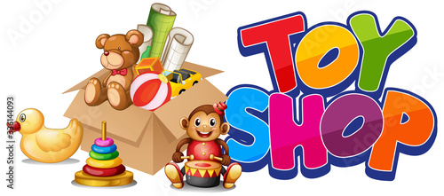 Font design for word toy shop with many toys in the shop