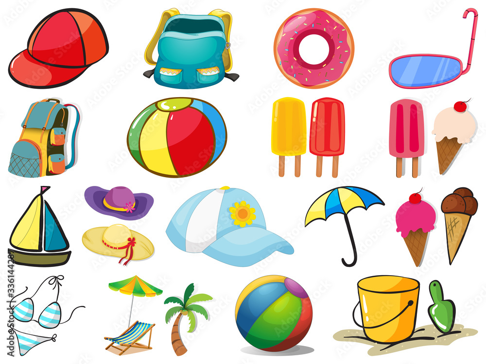 Large set of different summer objects on white background Large set of different summer objects on white background