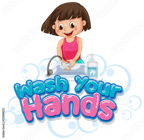 Wash your hands poster design with girl washing hands
