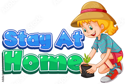 Font design for work at home with girl planting tree