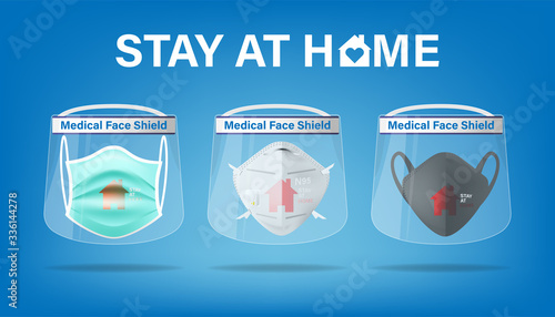 Isolated medical face shield mask and mask on background. Pandemic covid-19 virus and protection coronavirus and stay at home concept. Vector illustration design.