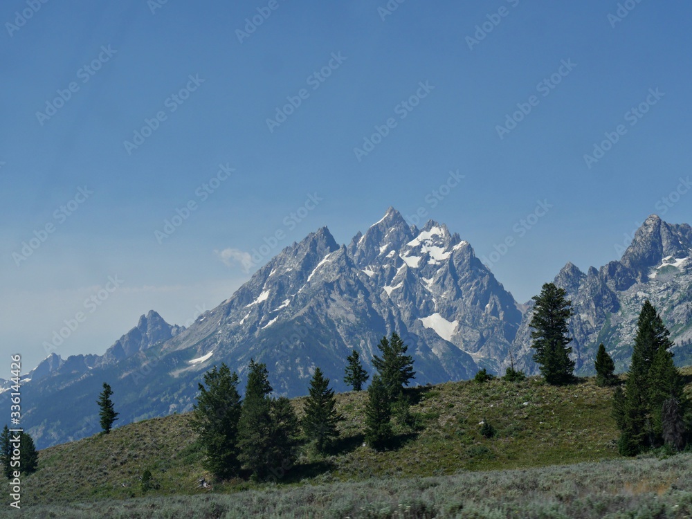 Distant peaks of the mountain ranges at the Grand Teton National Park.
