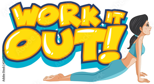 Font design for word work it out with woman doing yoga