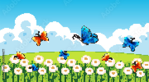 Nature scene background with butterflies flying in garden