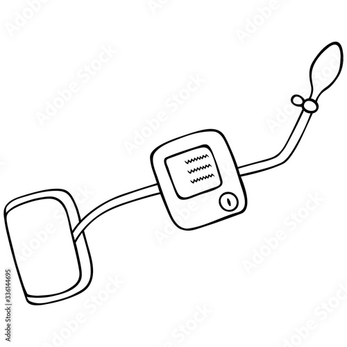 Blood pressure measuring device. Tonometer. Vector illustration. Coloring book. Contour on an isolated background. Sketch. Doodle style. Medical device. A tool for determining the state of the body. 