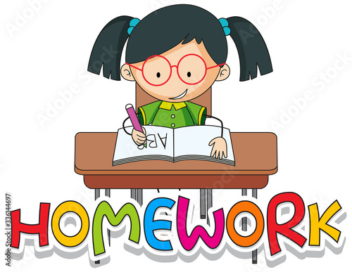 Font design for word homework with happy girl writing in her book