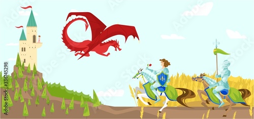 Knights with swords fight fierce dragon cartoon vector illustration of wild fairytale fantasy creatures with wings in sky, castle. Knight prince and dragon, medieval life in middle ages fairytale.