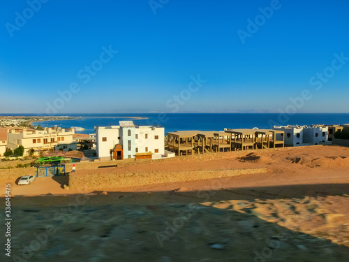 Panorama of the lagoon full of windsurfers in the town of Dahab