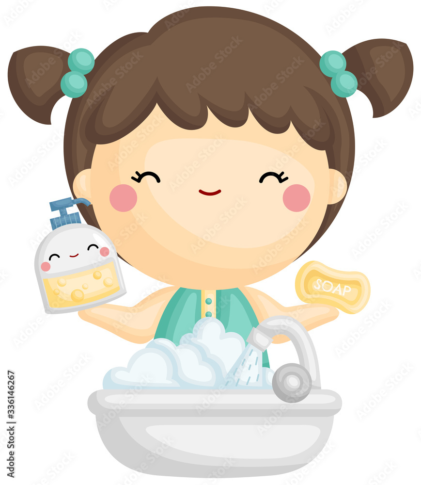 A Vector of Cute Girl Holding Foaming Soap and Water A Vector of Cute Girl Holding Foaming Soap and Water