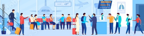 People waiting in airport queue, tourist evacuation from coronavirus epidemic region, vector illustration. Passengers in airport terminal, men and women travel with baggage. Medical precaution control