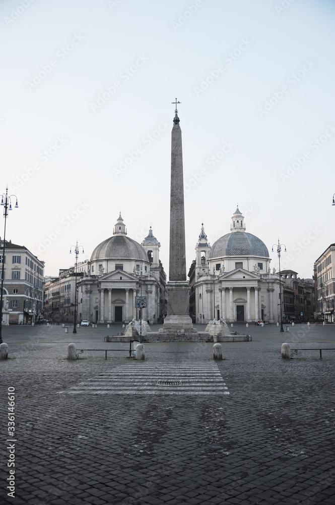 Rome, Italy-29 Mar 2020: Popular tourist spot Piazza del Popolo is empty following the coronavirus confinement measures put in place by the governement, Rome, Italy