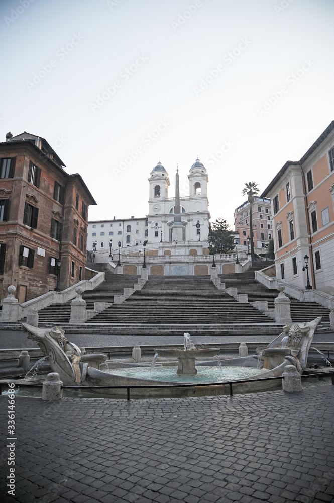 Rome, Italy-29 Mar 2020: Popular tourist spot Piazza di Spagna is empty following the coronavirus confinement measures put in place by the governement, Rome, Italy