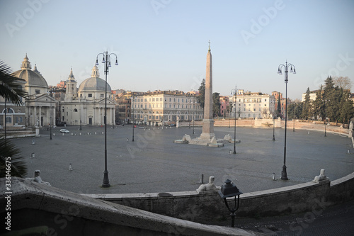 Rome, Italy-29 Mar 2020: Popular tourist spot Piazza del Popolo is empty following the coronavirus confinement measures put in place by the governement, Rome, Italy