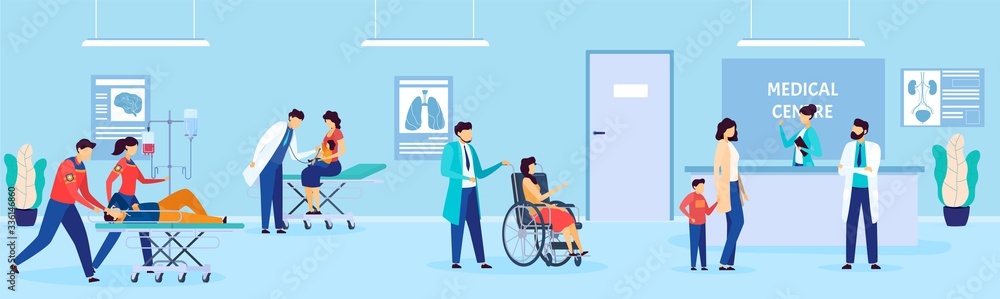 Obraz premium Patients and doctor in hospital, disabled people at medics clinic, healthcare cartoon vector illustration. Medical center, sick people lie with dropper, emergency medicine clinic for consultation.
