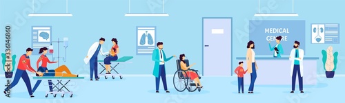 Patients and doctor in hospital, disabled people at medics clinic, healthcare cartoon vector illustration. Medical center, sick people lie with dropper, emergency medicine clinic for consultation.