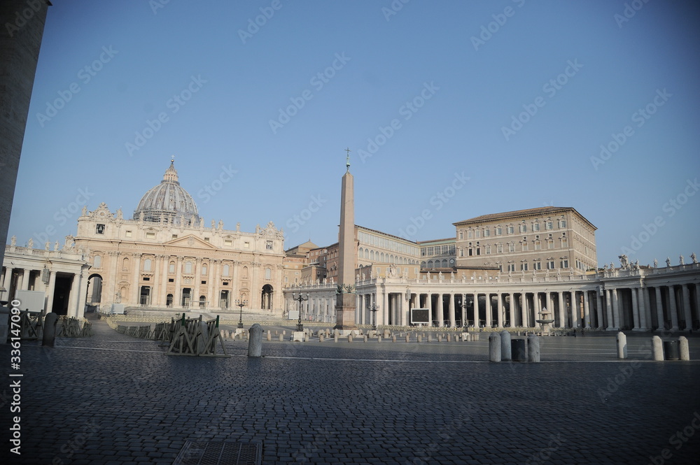 Rome, Italy-29 Mar 2020: Popular tourist spot Saint Peter is empty following the coronavirus confinement measures put in place by the governement, Rome, Italy