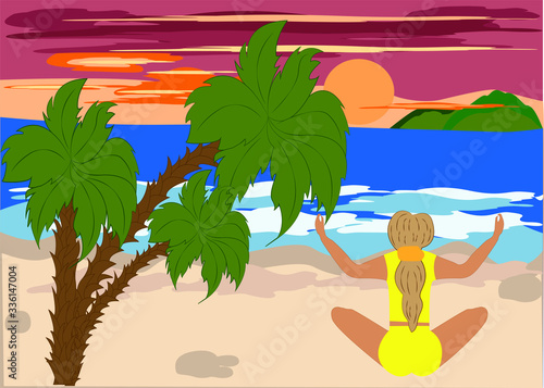 Woman meditating in lotus position at sunset - concept of the inner world. Yoga class. Privacy. Vector illustration.