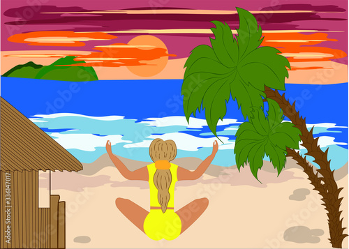 Woman meditating in lotus position at sunset - concept of the inner world. Yoga class. Privacy. Vector illustration.