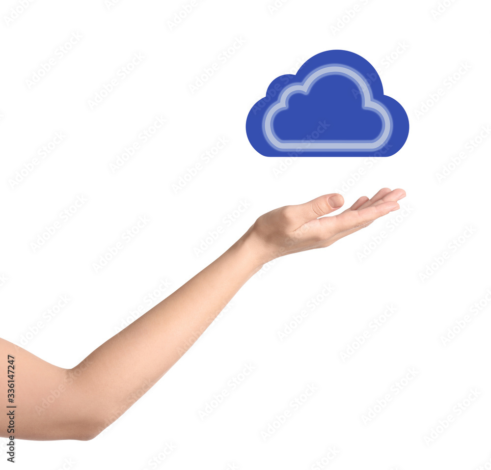 Woman holding virtual cloud icon on white background, closeup of hand. Data storage concept Woman holding virtual cloud icon on white background, closeup of hand. Data storage concept