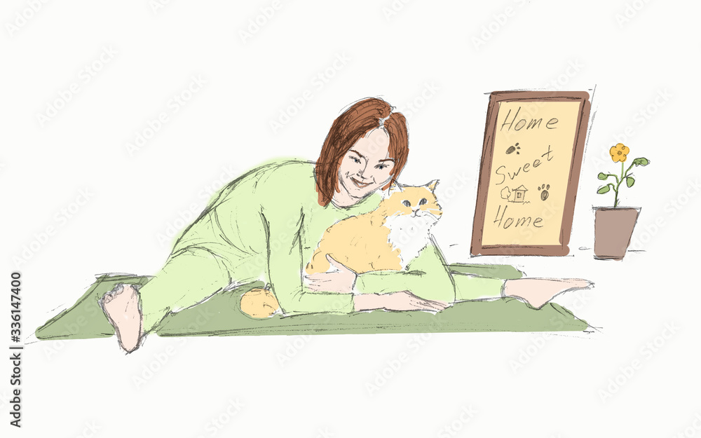 Hand drawn sketch illustration – a girl doing yoga at home with a cat during quarantine. Funny pet scene Hand drawn sketch illustration – a girl doing yoga at home with a cat during quarantine. Funny pet scene