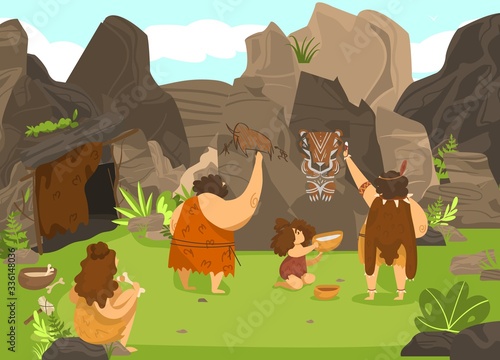 Prehistoric people drawing on rock, stone age cavemen and cute child in primitive tribe, vector illustration. Savage man cartoon character, primitive artist painting skill. History of human evolution