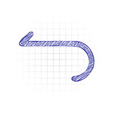 Simple arrow, backward. Navigation icon. Linear symbol with thin line. One line style. Hand drawn sketched picture with scribble fill. Blue ink. Doodle on white background