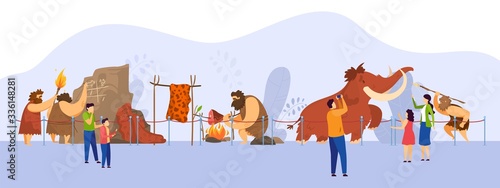 Museum of natural history, primitive people exposition, visitors cartoon characters, vector illustration. Prehistoric tribe and mammoth hunting scene exhibit. Stone age museum, savage barbarian human